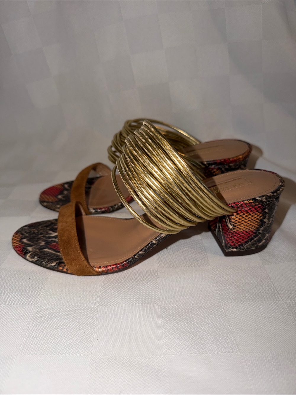 $825 Sz 37 Aquazzura Rendez Vous Python Print Sandals 2" Heels